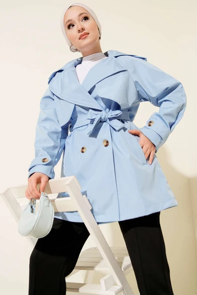 Pelerinli Dört Düğmeli Kısa Trençkot Bebe Mavi ürün görseli 1