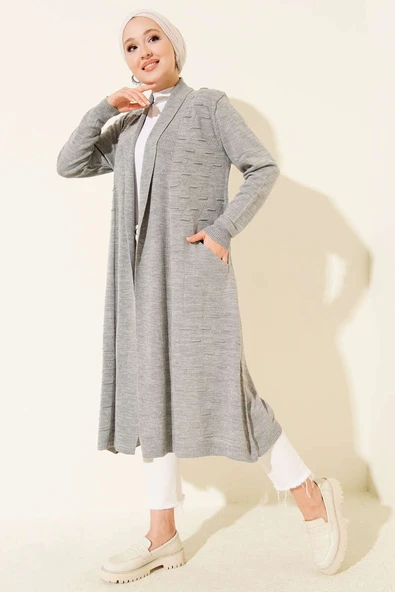 Yandan Dikişli Bağcıklı Hırka Gri - Resim 2