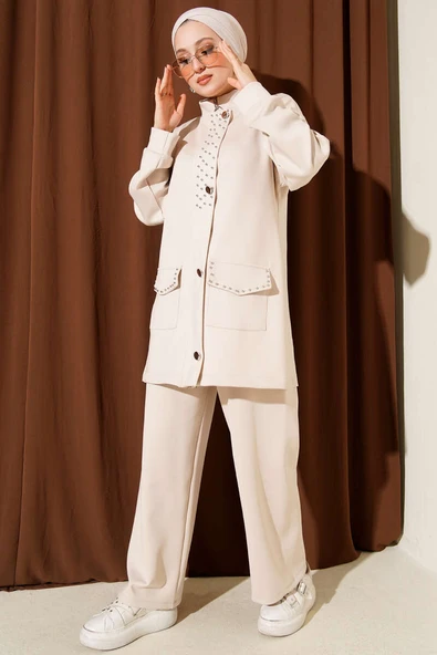 Boncuk Detaylı Scuba İkili Takım Bej - Resim 2