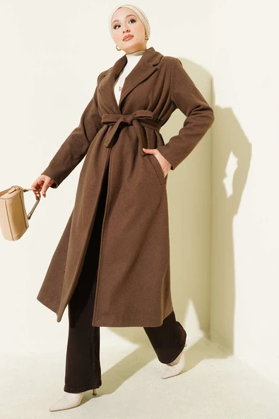 Kruvaze Yaka Kuşaklı Astarlı Kaban Kahve ürün görseli 1