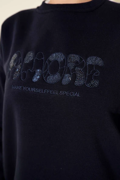 Amore Nakışlı Üç İplik Tunik Lacivert - Resim 4