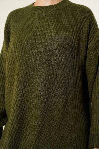 Asimetrik Kabartma Çizgili Triko Tunik Haki - Resim 4