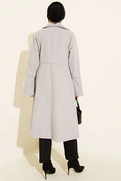 Kruvaze Yaka Asimetrik Kaşe Kaban Gri - Resim 3