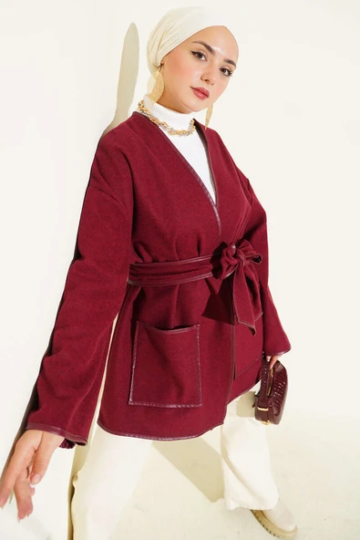 Deri Biyeli Cepli Ceket Bordo ürün görseli