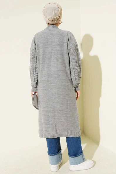 Örgü Büzgülü Uzun Triko Hırka Gri - Resim 3