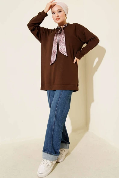 Fular Detaylı Loyşa Tunik Kahve - Resim 2