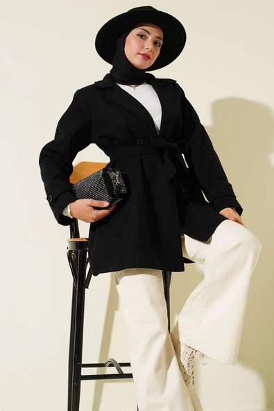 Kruvaze Yaka Kuşak Detaylı Kısa Kaşe Kaban Siyah - Resim 2