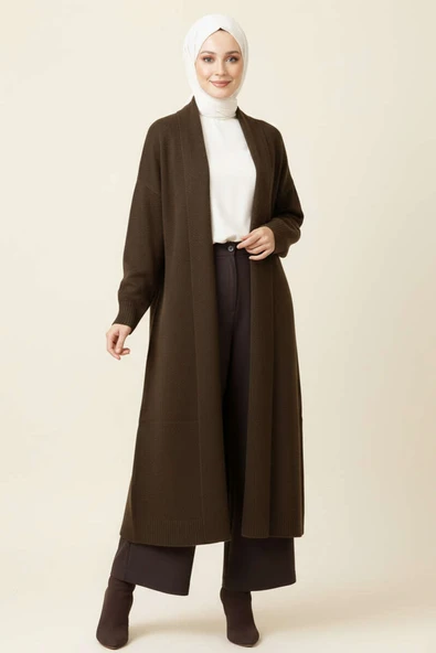 Şal Yaka Uzun Triko Hırka Kahve ürün görseli