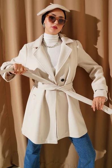 Kruvaze Yaka Kuşak Detaylı Kısa Kaşe Kaban Taş ürün görseli 1