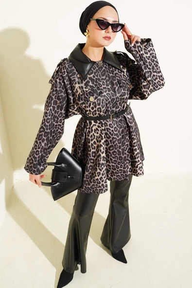 Deri Yaka Garnili Leopar Desenli Ceket Siyah - Resim 2