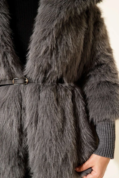 Bilek Ribanalı Kürklü Mont Füme - Resim 4