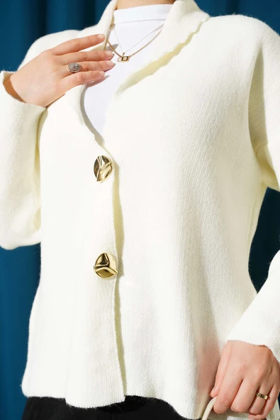 Çift Gold Düğmeli Kısa Triko Hırka Ekru - Resim 4