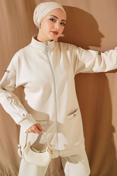 Metal Düğmeli Fermuarlı Scuba İkili Takım Bej - Resim 2