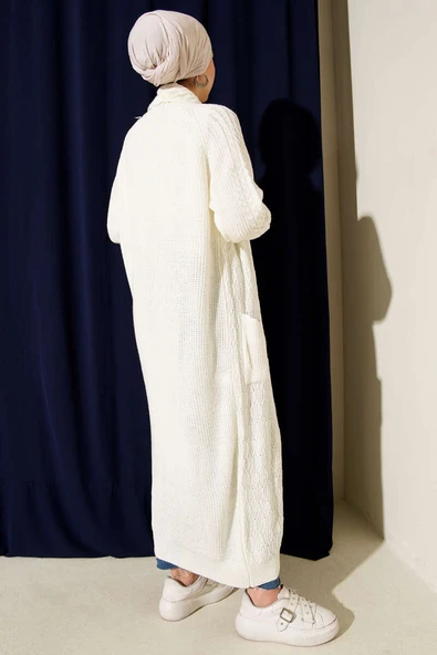 Şal Yaka Örgü Kabartmalı Triko Hırka Ekru - Resim 3