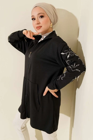 Loyşa Kolları Nakışlı Fermuarlı Hırka Füme ürün görseli