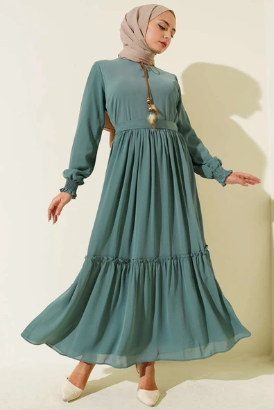 Yaka İpli Kuşaklı Elbise Çağla Yeşili ürün görseli 1