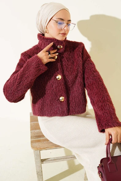 Yarım Balıkçı Yaka Gold Düğmeli Ceket Bordo ürün görseli 1