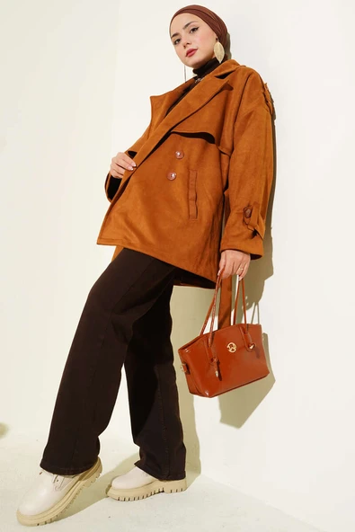 Süet Pelerinli Kuşaklı Trençkot Taba - Resim 2