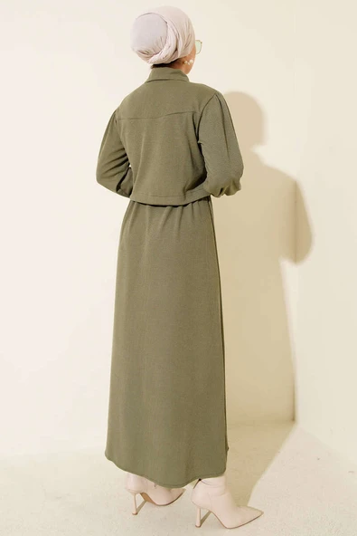 Önü Düğmeli İkili Takım Elbise Haki - Resim 3