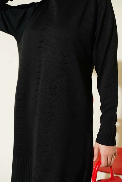 Çizgi Kabartmalı Merserize Triko Tunik Siyah - Resim 4