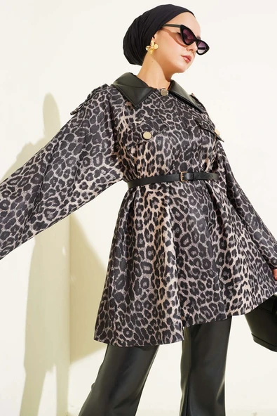 Deri Yaka Garnili Leopar Desenli Ceket Siyah ürün görseli