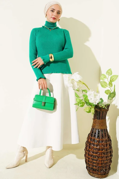 Balıkçı Yaka Fırfırlı Triko Kazak Yeşil - Resim 2