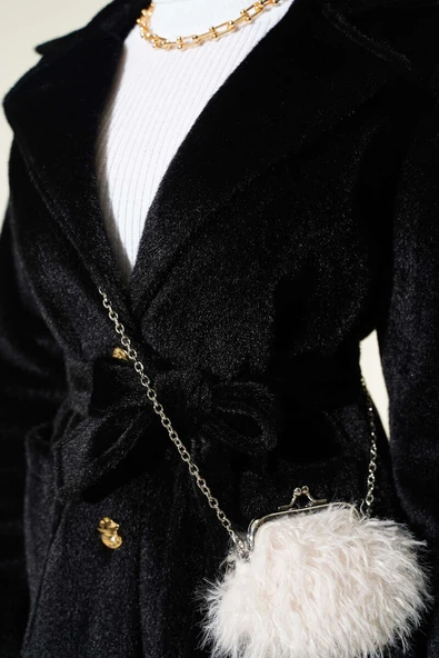 Bilek Apoletli Kuşaklı Tay Tüyü Kaban Siyah - Resim 4