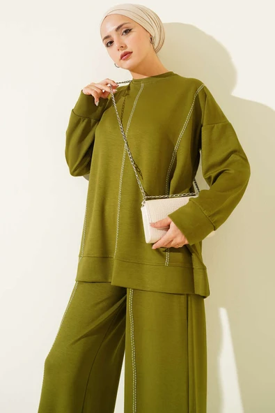 Çoban Dikiş Detaylı Loyşa İkili Takım Yağ Yeşili - Resim 2