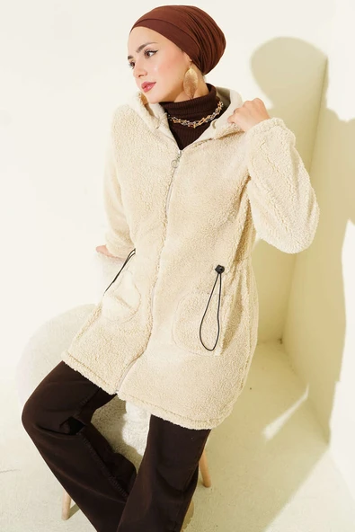 Bel Tünelli Lastikli Peluş Hırka Bej ürün görseli