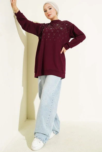 Baklava Taşlı Loyşa Tunik Bordo - Resim 2