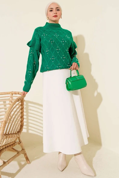 Dik Yaka Taşlı Triko Kazak Yeşil - Resim 2