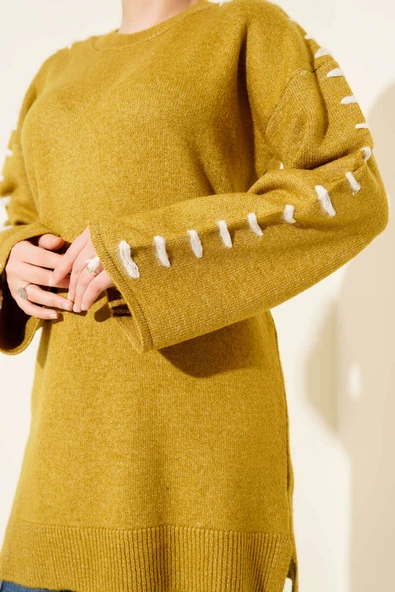 Kol Bağcık Detaylı Triko Tunik Yağ Yeşili - Resim 4