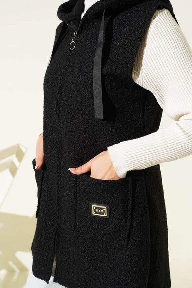 Kapüşonlu Buklet Yelek Siyah - Resim 4