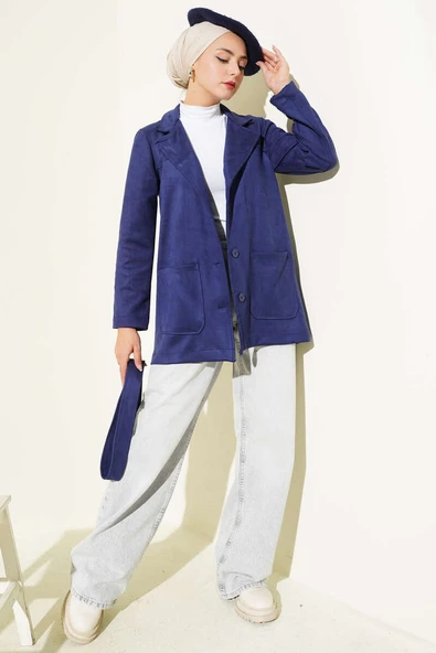 Düğmeli Kuşaklı Süet Ceket Lacivert - Resim 2