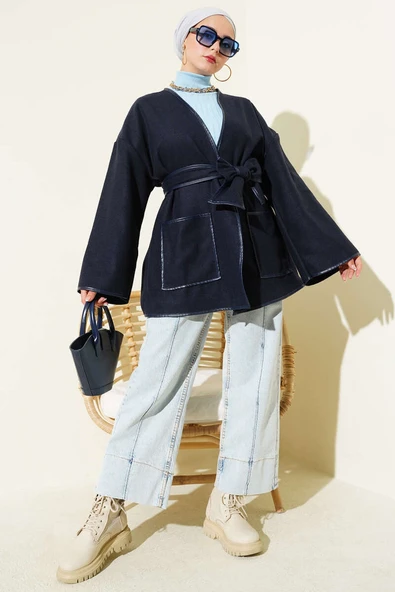 Deri Biyeli Cepli Ceket Lacivert - Resim 2