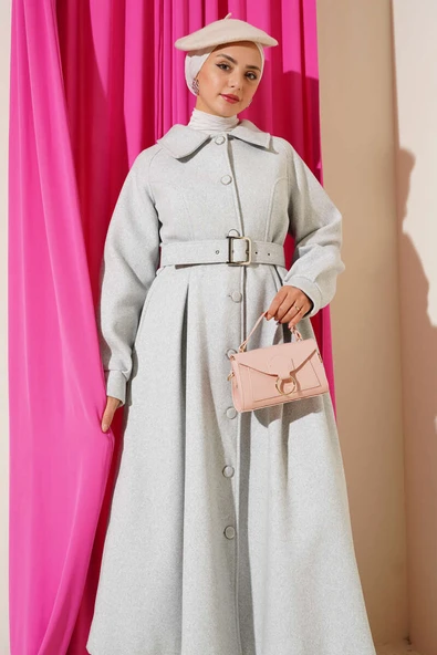 Kemerli Uzun Kaşe Kaban Gri - Resim 2