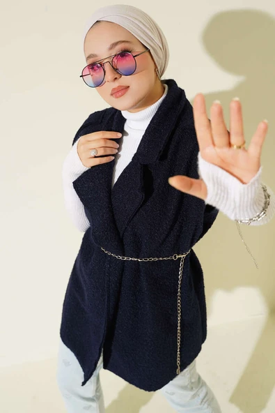 Kruvaze Yaka Kuşaklı Buklet Yelek Lacivert ürün görseli