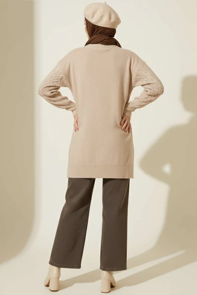 Sarmal Kabartmalı Yumoş Triko Tunik Latte - Resim 3