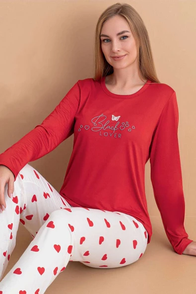 Lover Baskılı Kalpli Pijama Takımı Kırmızı ürün görseli 1