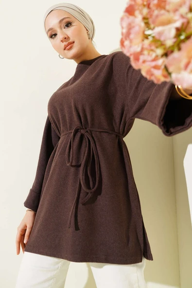 İp Bağlamalı Fitilli Kaşe Tunik Kahve ürün görseli 1