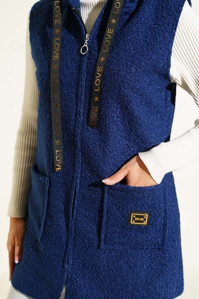 Kapüşonlu Buklet Yelek Lacivert - Resim 4