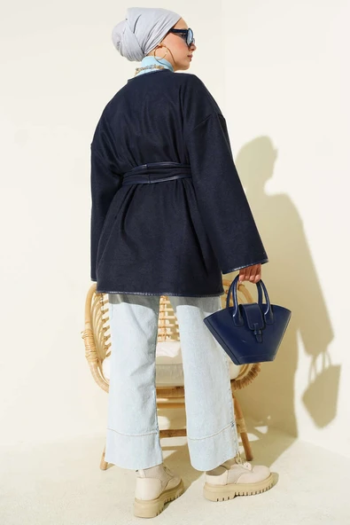 Deri Biyeli Cepli Ceket Lacivert - Resim 3