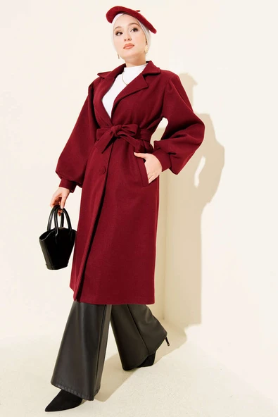 Kruvaze Yaka Balon Kol Kuşaklı Kaşe Kaban Bordo ürün görseli 1