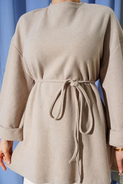 İp Bağlamalı Fitilli Kaşe Tunik Bej - Resim 4