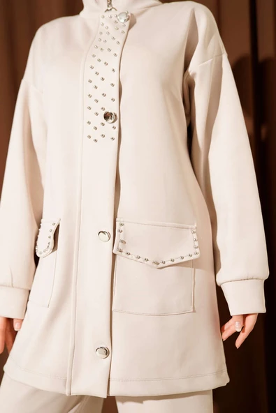 Boncuk Detaylı Scuba İkili Takım Bej - Resim 4