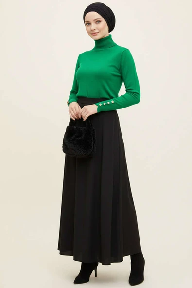 Kol Düğmeli Balıkçı Yaka Triko Kazak Yeşil - Resim 2