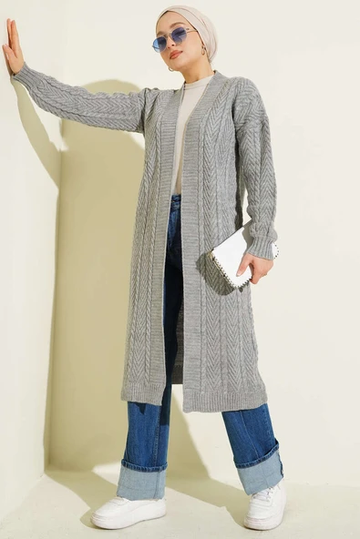 Örgü Büzgülü Uzun Triko Hırka Gri ürün görseli