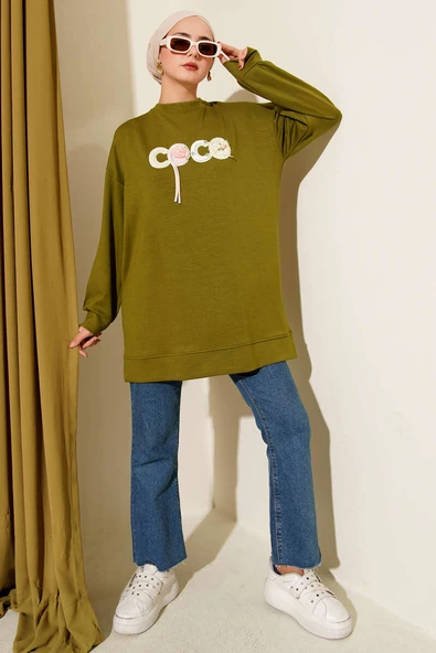 Loyşa Coco Yazı Süslemeli Tunik Yağ Yeşili - Resim 2