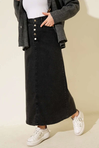 Beş Düğmeli Kot Etek Füme ürün görseli 1