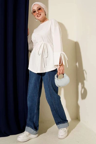 Kolları Bağcıklı İki İpli Tunik Beyaz - Resim 2